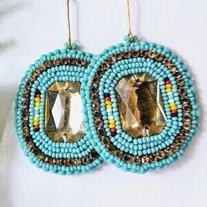 2/$27 | Turquoise Sparkle Shield Beaded Indigenous Hoop Earrings | Handmade